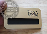 Бейдж с окошком и логотипом дя центра йоги №30. Матовое золото, гравировка.