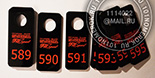 Номерки для гардероба фитнес клуба "ПАЛЕСТРА" №14. Черный акрил с гравировкой и красной прокраской.
