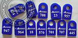 Номерки для гардероба №16. Синий акрил, логотип и номер с белой прокраской.