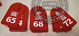 Номерки для гардероба №30 для спортивного клуба. Номерок из красного акрила со сложным логотипом.