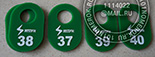 Номерки для гардероба №36 для фитнес центра "центр ФИТ". Размер номерка 60х40 мм. Зеленый номерок с белой прокраской.