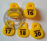 Номерки для ключей №101. Материал номерка - желтый акрил 3 мм. Нанесение - гравировка с черной прокраской. Размер гири - 35х27 мм.