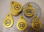 Номерки для ключей металлик №4 в виде капли. Цвет номерка золото металлик. Размер номерка 40х30 мм.