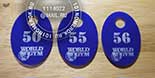 Бирки для ключей в фитнесклуб WORLD GYM №40 из синего акрила. Нанесение логотипа и номера гравировкой.