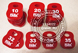 Номерки для ключей №27 для фитнес клуба. Материал номерков - красный акрил 3 мм. Нестандартная форма номерка в виде гири. Нанесен номер и логотип с белой прокраской.
