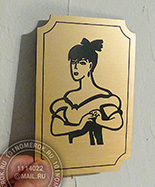 Табличка для женского туалета №53. Таблички из композита под матовое золото 8х12 см. Один из типовых рисунков. Форма таблички №5 с рамкой.